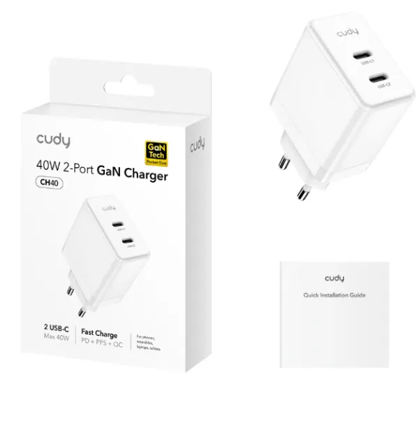 Cudy CH40_EU,m Brzi punjac Za telefone,laptopove I tablete PD+PPS+QC 2× USB-C 40W, Beli