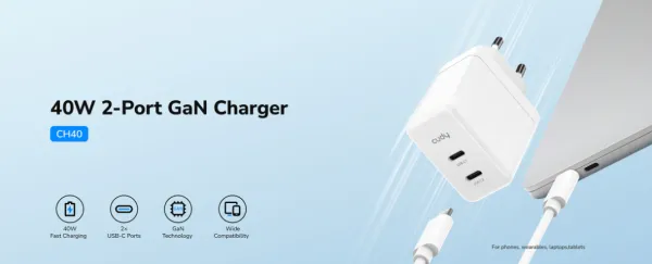 Cudy CH40_EU,m Brzi punjac Za telefone,laptopove I tablete PD+PPS+QC 2× USB-C 40W, Beli