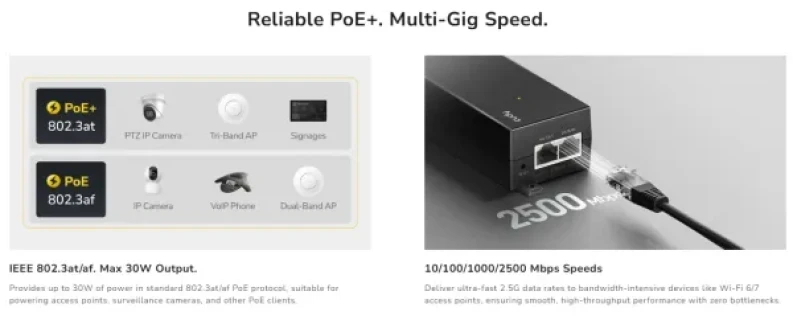 Cudy POE200H Adapter za napajanje mrežnog kabla 30W 2.5 Gbps PoE+ Injector 10/100/1000/2500 Mbps