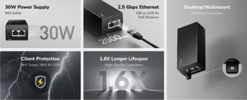 Cudy POE200H Adapter za napajanje mrežnog kabla 30W 2.5 Gbps PoE+ Injector 10/100/1000/2500 Mbps