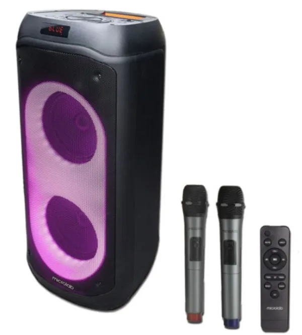 MICROLAB Karaoke zvučnik PT802W, 200W, Bluetooth, LED, 4400mAh, TWS, Aux, USB, microSD, Crni + 2 Mikrofona