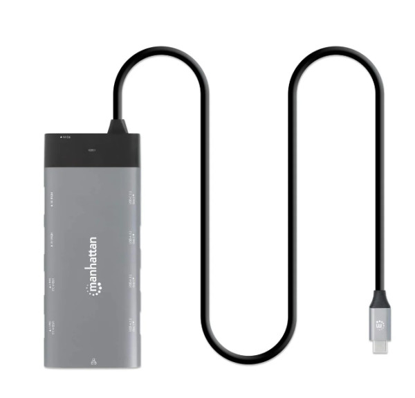 Manhattan 130714 Docking station 10u1 USB C 2xHDMI 5xUSB LAN PD 100W, Siva