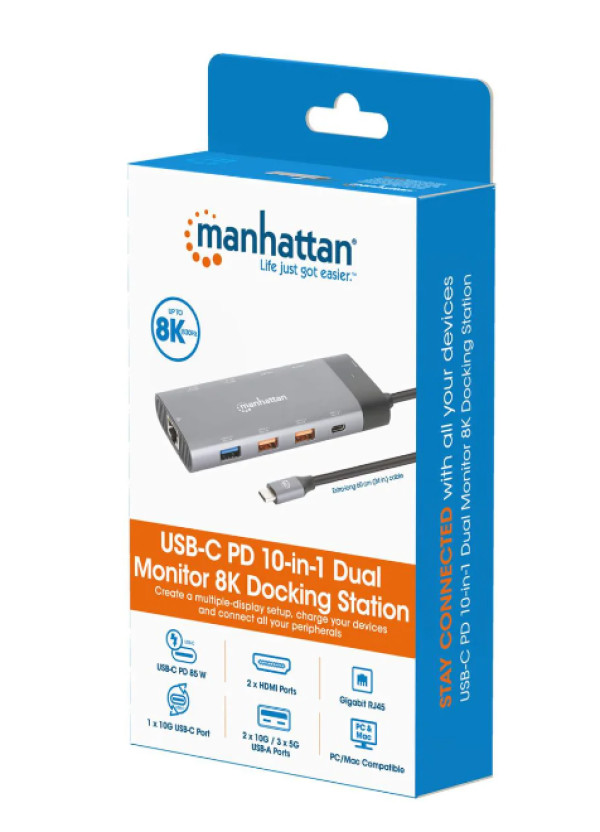 Manhattan 130714 Docking station 10u1 USB C 2xHDMI 5xUSB LAN PD 100W, Siva