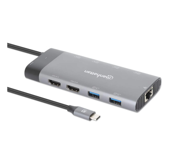 Manhattan 130714 Docking station 10u1 USB C 2xHDMI 5xUSB LAN PD 100W, Siva
