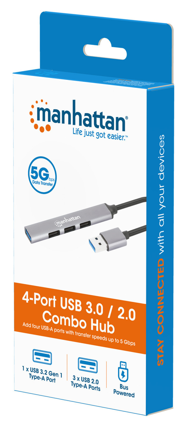 Manhattan 168427 USB HUB 4 porta 3 x USB 2.0 480 Mbps 1 x USB 3.0 5 Gbps, Sivi
