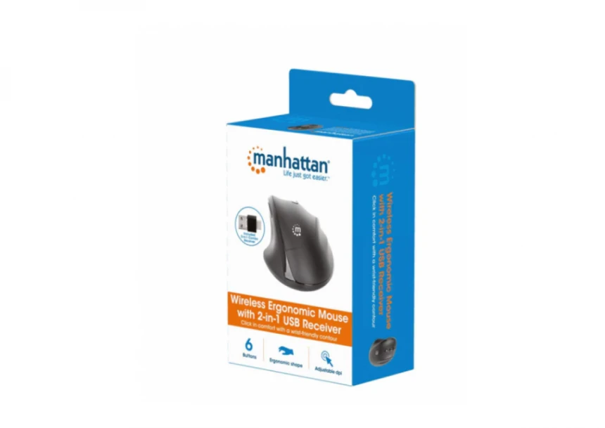 Manhattan 190237 Miš Ergonomic USB 1600 DPI, Crni