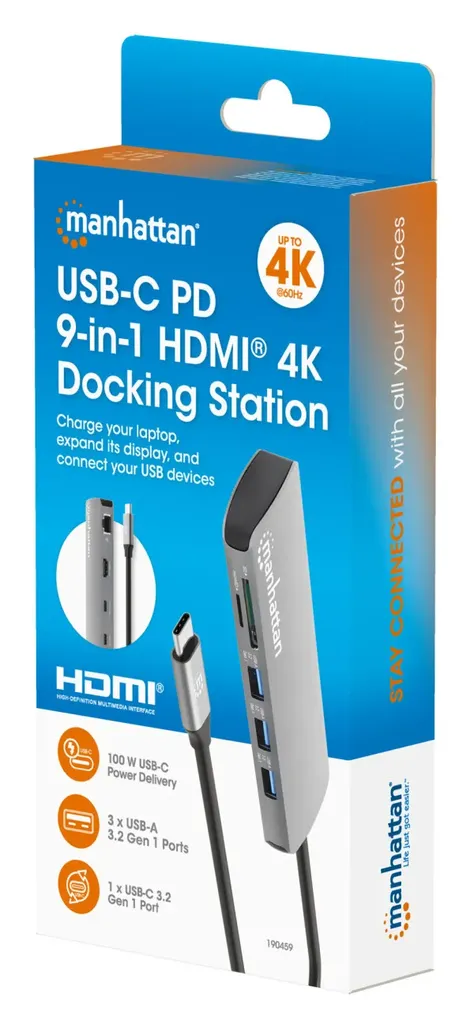 Manhattan Docking station 9-u-1 USB-C 1xHDMI/5xUSB/LAN/CR/PD 100W