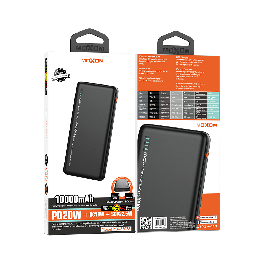 MOXOM MX-PB126 Eksterna baterija PD20W QC18W SCP22.5W 10000mAh 2.4A, Crna