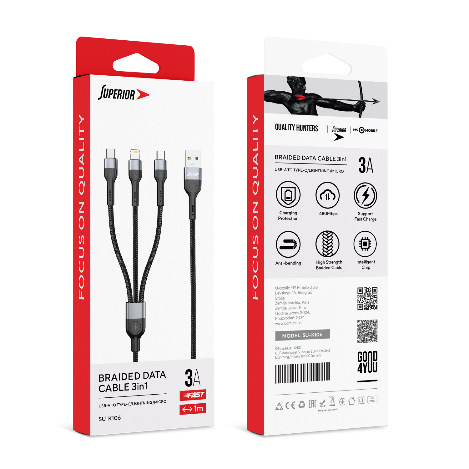 Superior SU-K106 USB data kabal 3in1 Lightning/Micro/Type C 1m, Crni