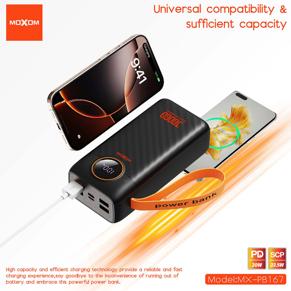 MOXOM MX‑PB167 Power Bank PD20W + QC22.5W 30000mAh, Crni