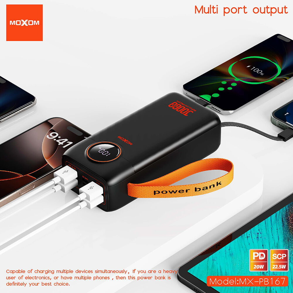 MOXOM MX‑PB167 Power Bank PD20W + QC22.5W 30000mAh, Crni