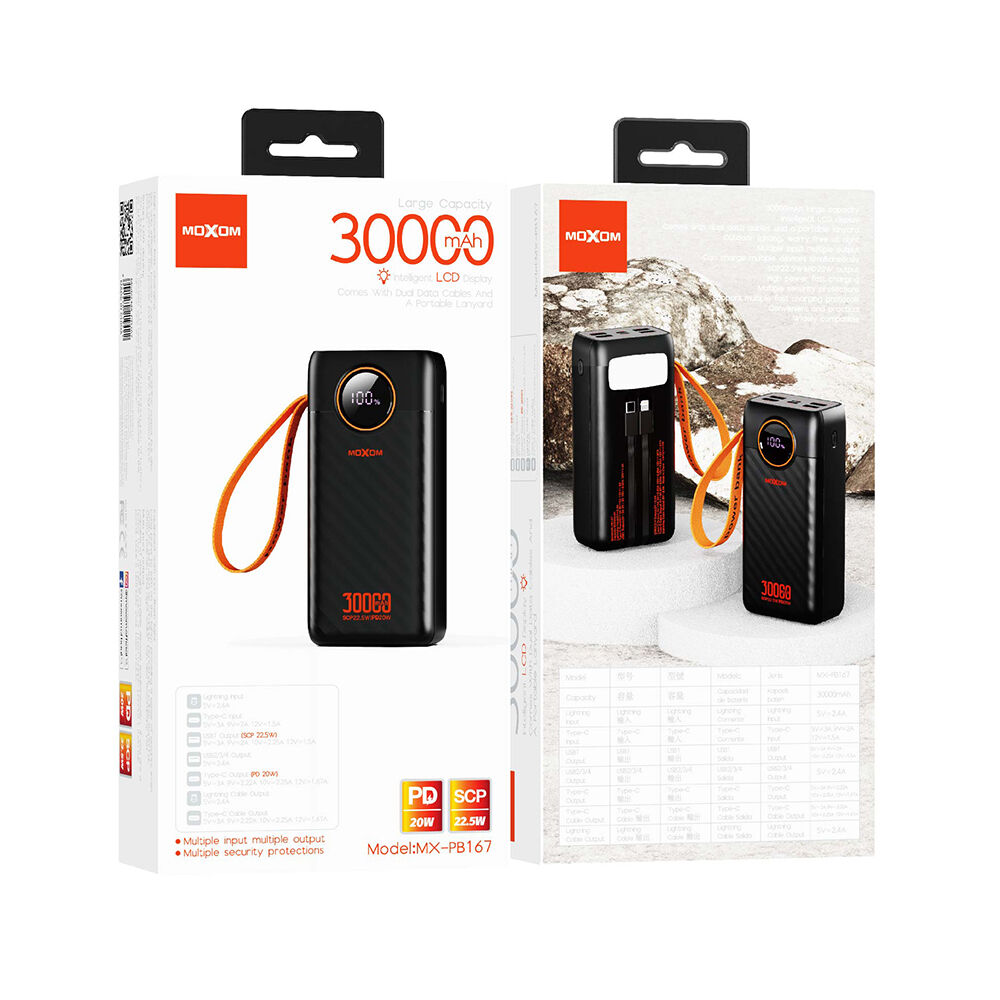 MOXOM MX‑PB167 Power Bank PD20W + QC22.5W 30000mAh, Crni