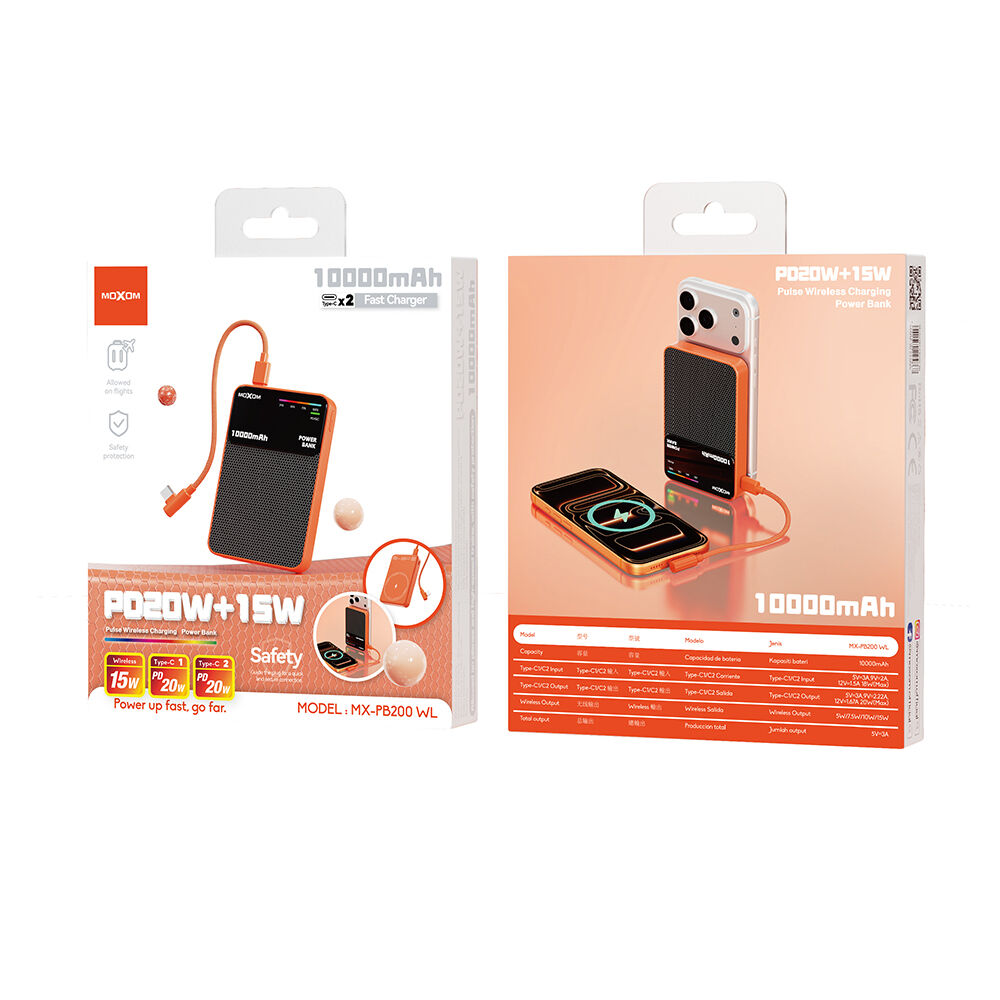 MOXOM MX‑PB200 Power Bank MagSafe PD20W + 15W Wireless Type‑C to Type‑C 10000mAh, Narandžasti