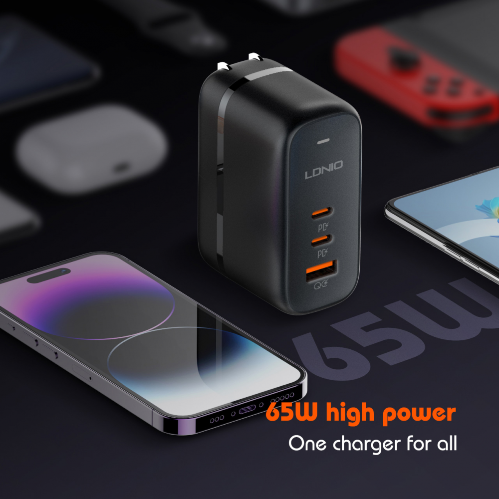 Ldnio Q366 Kućni punjač sa adapterima GaN QC3.0 2xPD3.0 PPS 65W Type C na Type C kablom, Crni