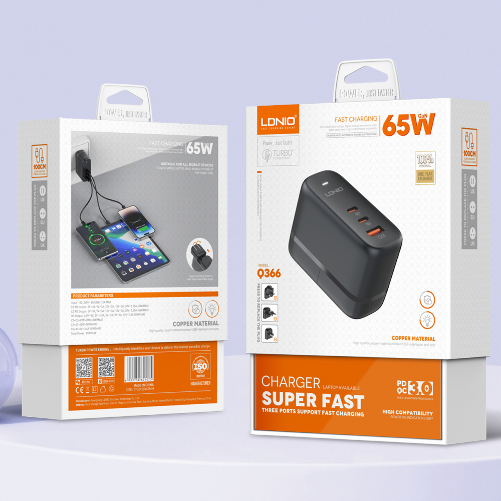 Ldnio Q366 Kućni punjač sa adapterima GaN QC3.0 2xPD3.0 PPS 65W Type C na Type C kablom, Crni