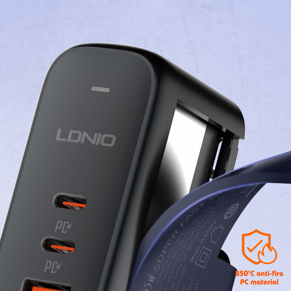 Ldnio Q366 Kućni punjač sa adapterima GaN QC3.0 2xPD3.0 PPS 65W Type C na Type C kablom, Crni