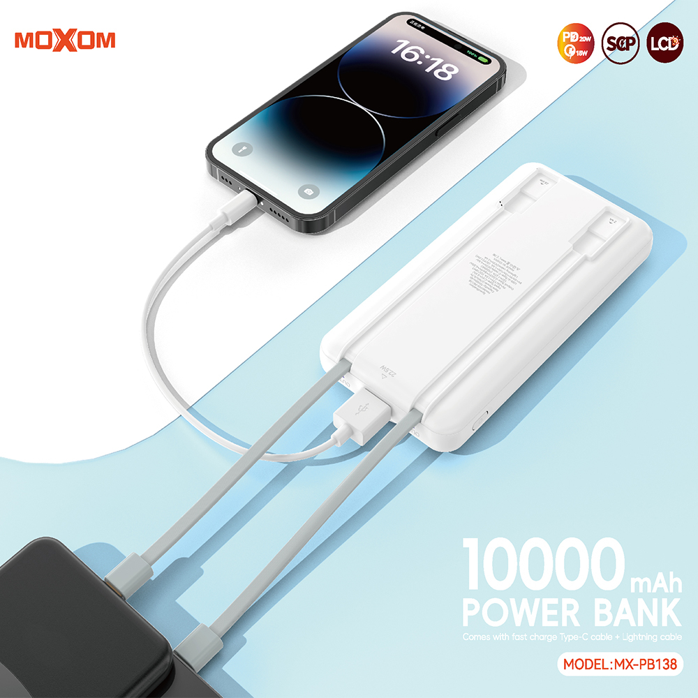 MOXOM MX-PB138 Eksterna baterija PD20W QC22,5W 10000mAh 2.4A, Bela