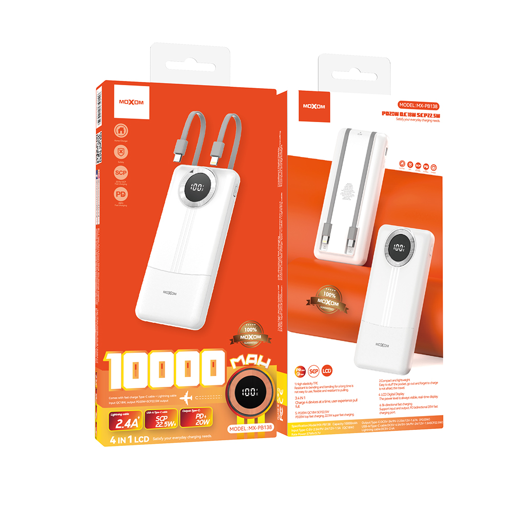 MOXOM MX-PB138 Eksterna baterija PD20W QC22,5W 10000mAh 2.4A, Bela