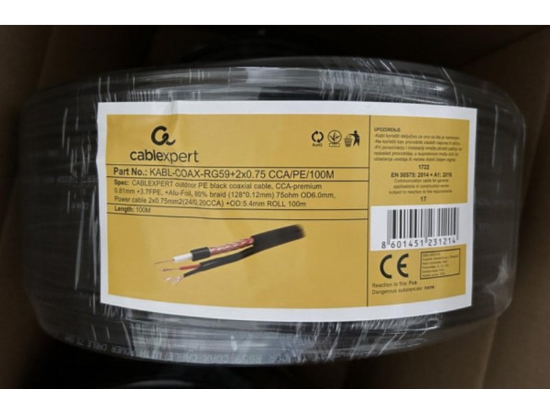 Gembird KABL-COAX-RG59+2X0.75 CCA/PE/100M outdoor koaksialni kabl sa napojnim kablom 2x0,75mm 100m, Crna