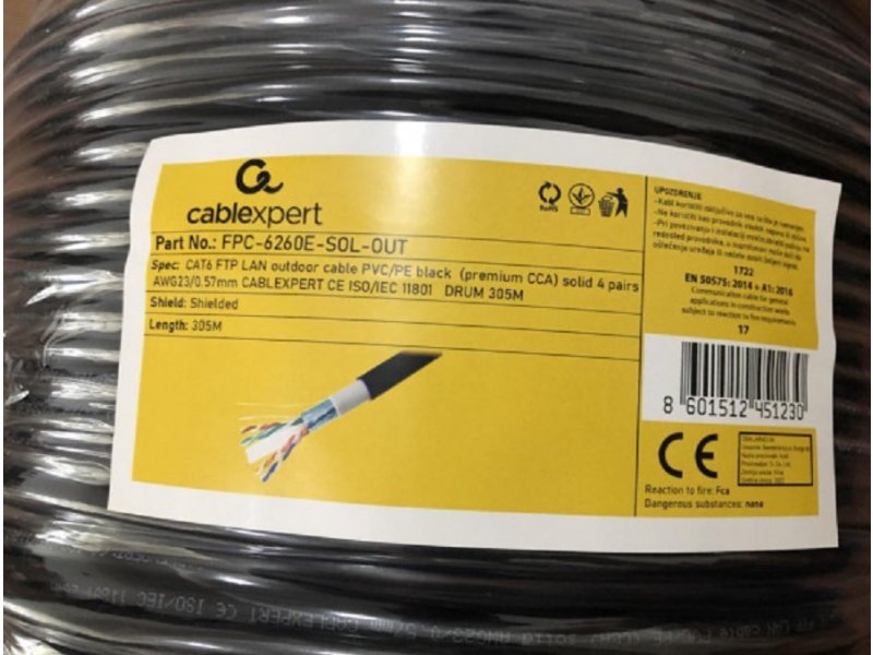 Gembird FPC-6260E-SOL-OUT FTP kabl cat.6 outdoor solid 23AWG 0.57mm premium CCA 305m, Crni
