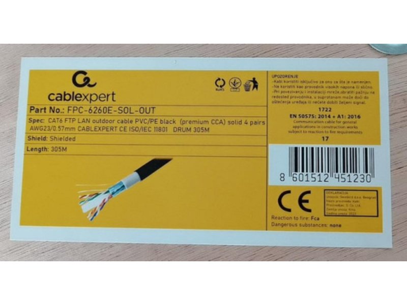 Gembird FPC-6260E-SOL-OUT FTP kabl cat.6 outdoor solid 23AWG 0.57mm premium CCA 305m, Crni