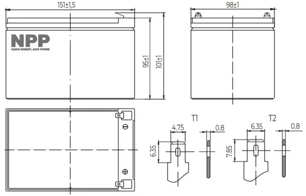 NPP AGM Baterija NP12V-12Ah C20=12Ah T2, Crna