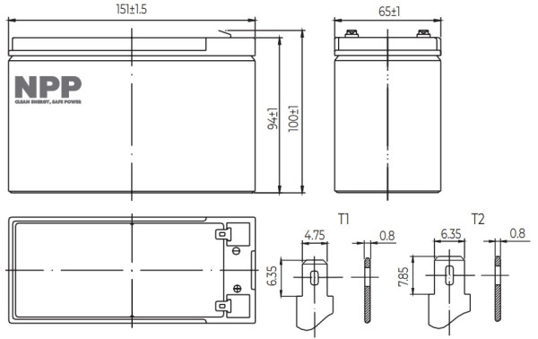 NPP NP12V-7Ah Ups baterija Agm C20=7AH T1 151x65x94x100 mm, Crna