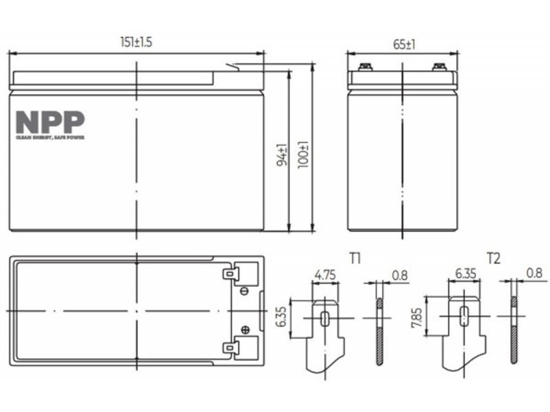 NPP NP12V-7.5Ah AGM Baterija za UPS C20=7.5AH T1 151x65x94x100