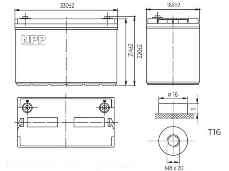 NPP NPG12V-100Ah T16 Gel baterije 330x171x214x220, Sive
