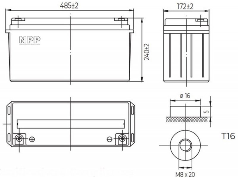 NPP NPG12V-150Ah Gel Baterija za UPS C20=150AH T16 485*172*240*240