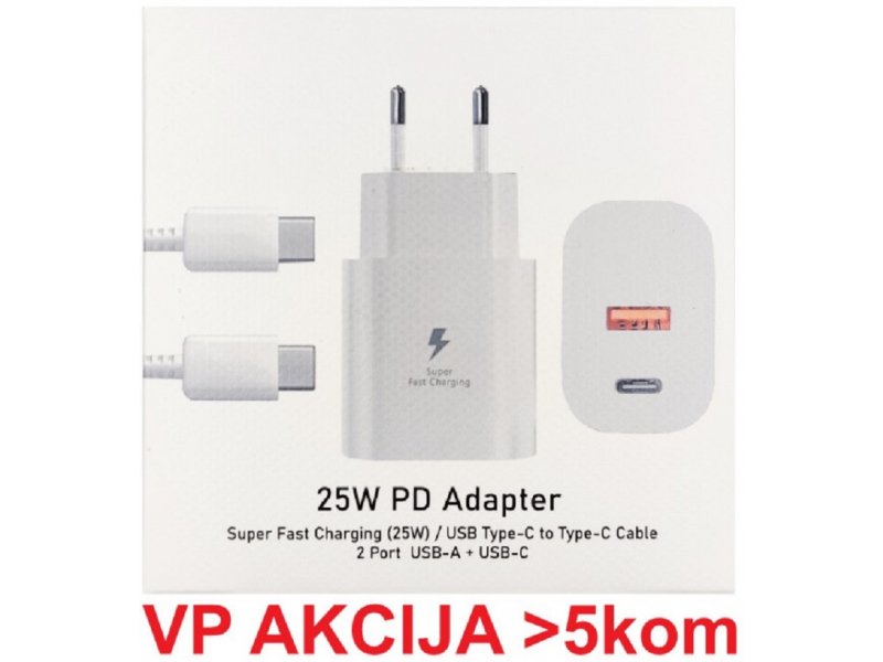 Gembird Brzi Punjač USB+Type C konektor + kabl USB-C 25W DC 5V/3A ili 9V/2,77A, Beli