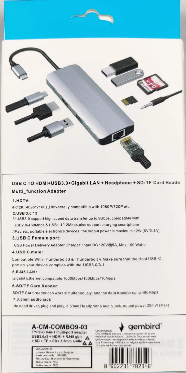 Gembird USB A-CM-COMBO9-03 Adapter HUB 9 portova USB-C HDMI PD SD RJ45