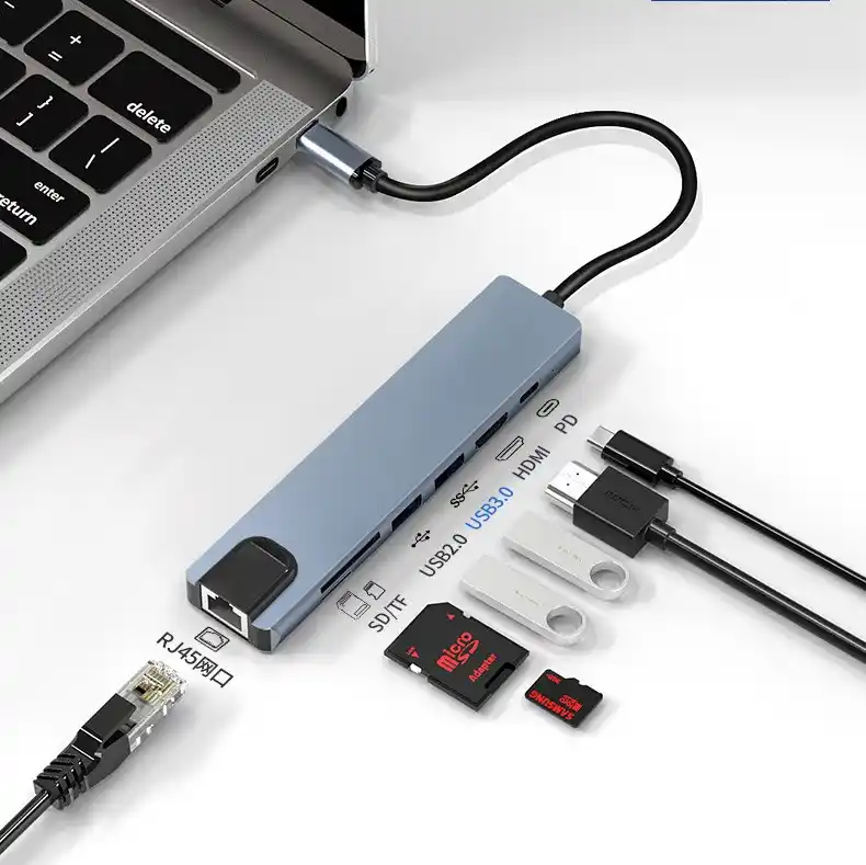 Kettz Adapter-Konverter TIP C 7/1 USB 3.0x2/Ethernet RJ45 /HDMI 4K 30HZ/PD/SD/TF sivi
