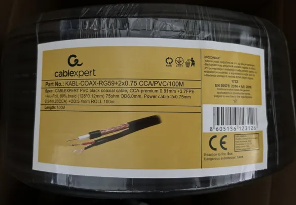 Gembird RG59+2X0.75 Koaksialni kabl sa napojnim kablom 2x0,75mm 100m, Crni