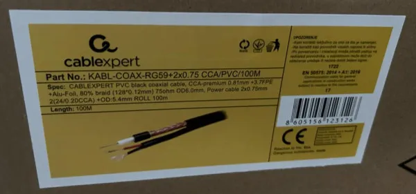 Gembird RG59+2X0.75 Koaksialni kabl sa napojnim kablom 2x0,75mm 100m, Crni