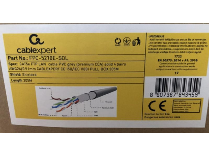 Gembird FPC-5270E-SOL FTP kabl cat5E Indoor solid 24AWG 0,51mm premium CCA 305m, Crni