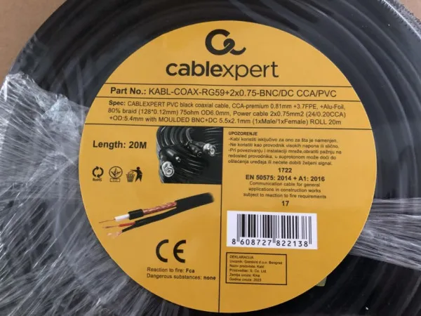 Gembird KABL-COAX-RG59+2X0.75-BNC/DC-20M Krimpovan kabl za video nadzor sa BNC+DC krajevima CCA 20m, Crni