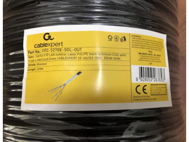 Gembird FPC-5270E-SOL-OUT FTP kabl cat.5E Outdoor solid 24AWG 0.51mm premium CCA 305m, Crni