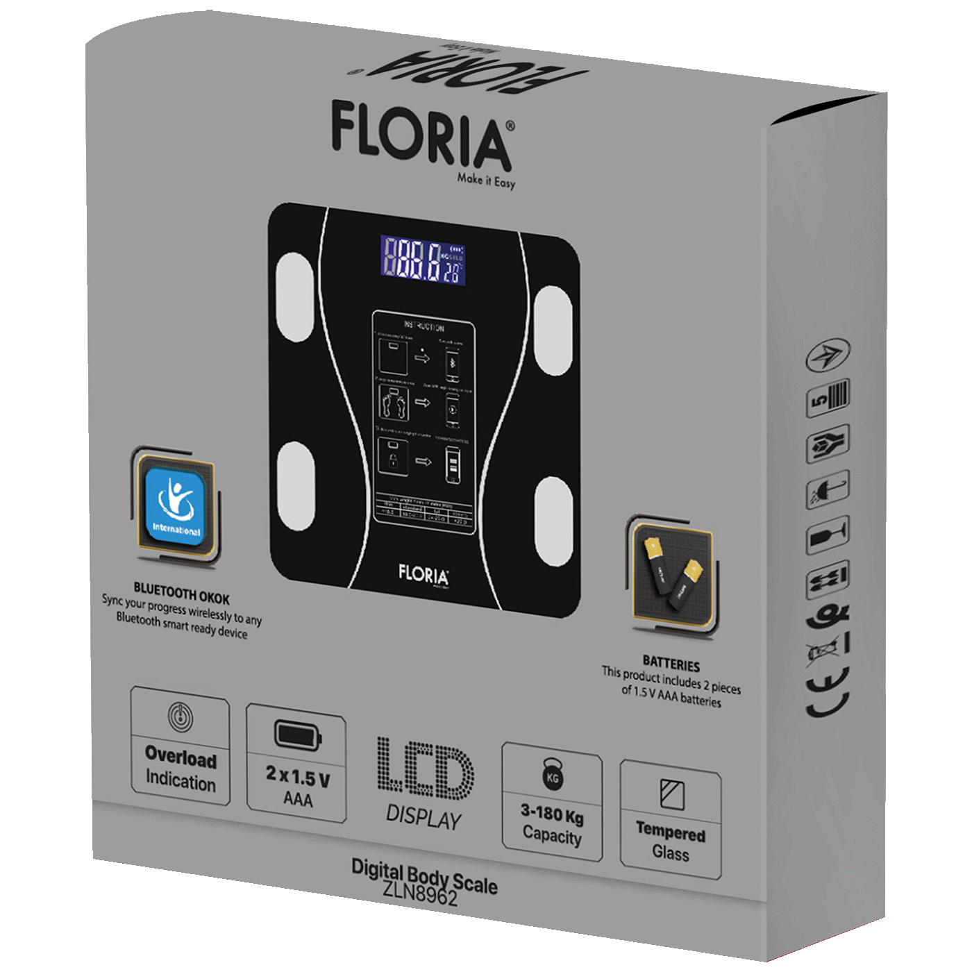Floria ZLN8962 Pametna vaga Do 180 kg Bluetooth LED ekran, Crna