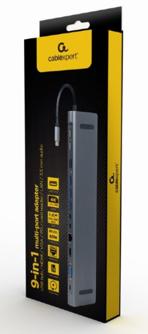 Gembird USB Type-C 9-in-1 multi-port adapter USB hub+HDMI+VGA+PD+card reader+LAN+3.5m A-CM-COMBO9-01 sivi, Sivi