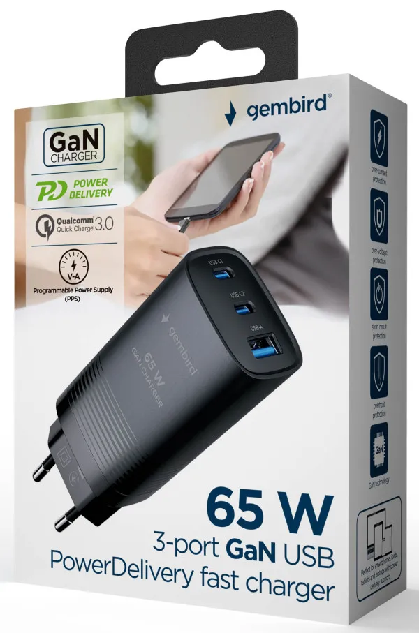 Gembird TA-UC-PDQC65-01-BK USB Brzi punjač 3-port 65W GaN, Crni
