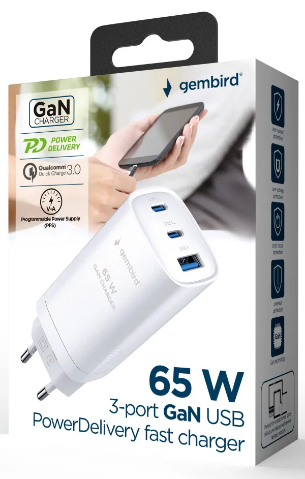 Gembird TA-UC-PDQC65-01-W USB Brzi punjač 3-port 65W GaN, Beli