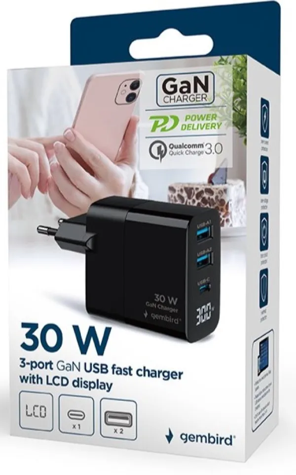 Gembird TA-UC-PDQC30LCD-BK-02 Brzi punjač 30W 2x USB A USB C LCD, Crni