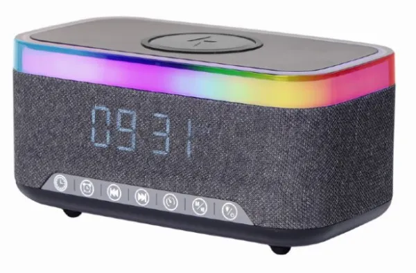 Gembird DAC-SPKBT-QC15-BK Digitalni sat+ Alarm Sa bežičnim punjenjem telefona i zvučnikom 15W FM BT, Sivo-Crni