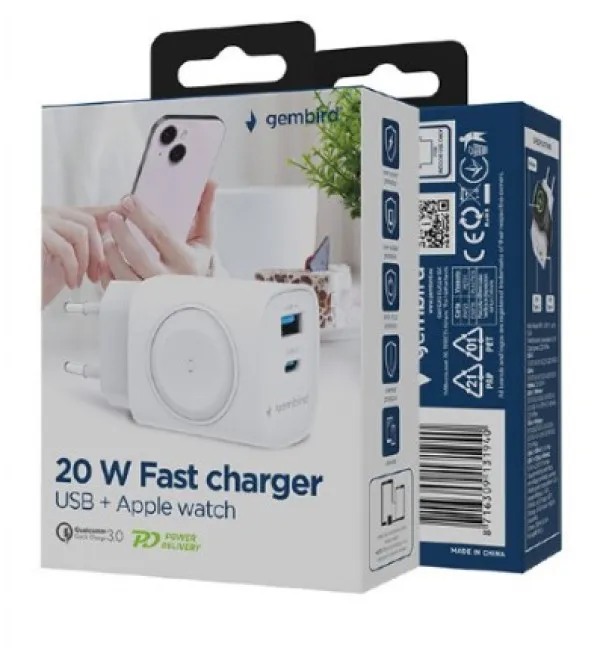 Gembird TA-UC-PDQCW20-01-W Punjač za telefon i Apple Watch Brzo punjenje 20W, Beli