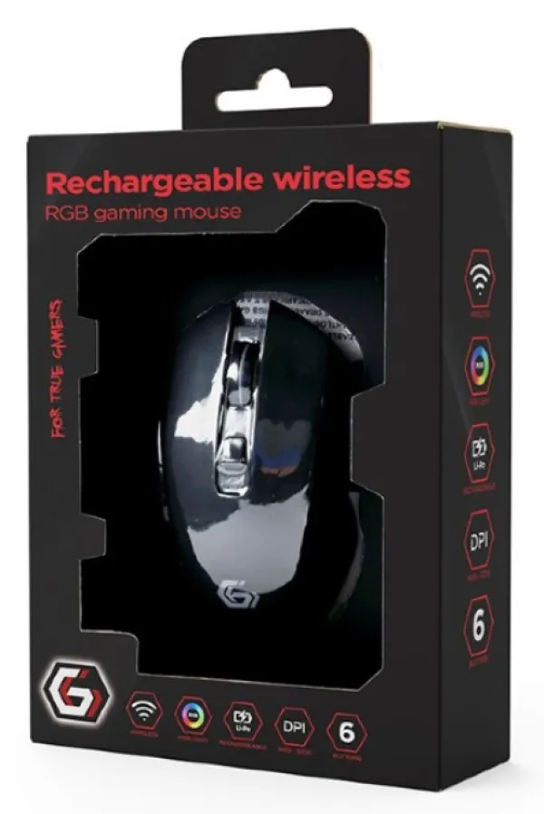 Gembird MUSGW-6BL-02 Gaming bežični miš Punjivi RGB 6 tastera Firebolt 129 mm, Crni