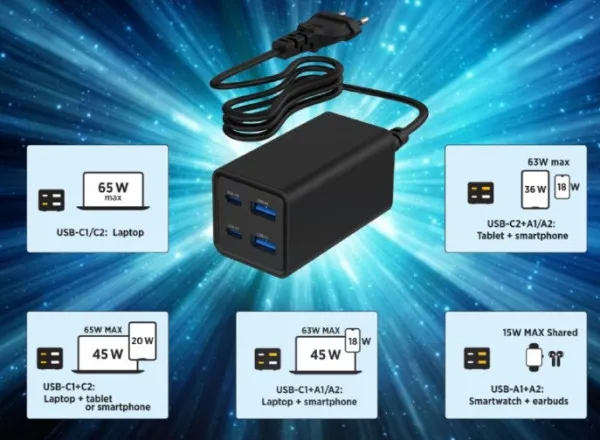 Gembird TA-UC-2A2C-PD65-01-BK Punjač 4-port 65W GaN USB PowerDelivery Brzi, Crni