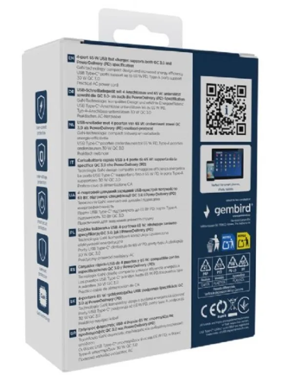 Gembird TA-UC-2A2C-PD65-01-BK Punjač 4-port 65W GaN USB PowerDelivery Brzi, Crni