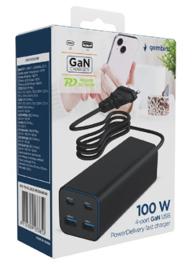 Gembird TA-UC-2A2C-PD100-01-BK Punjač 4-port 100W GaN USB Brzi PowerDelivery, Crni