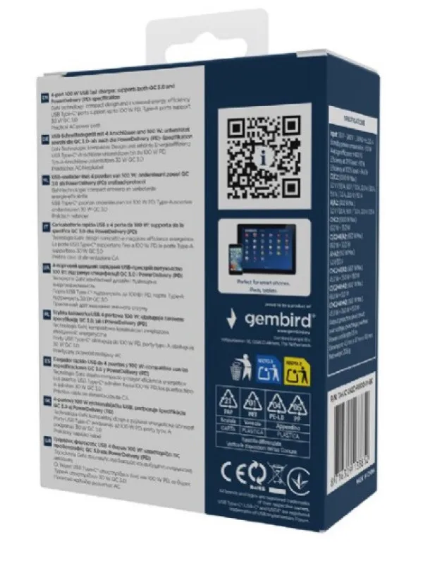 Gembird TA-UC-2A2C-PD100-01-BK Punjač 4-port 100W GaN USB Brzi PowerDelivery, Crni